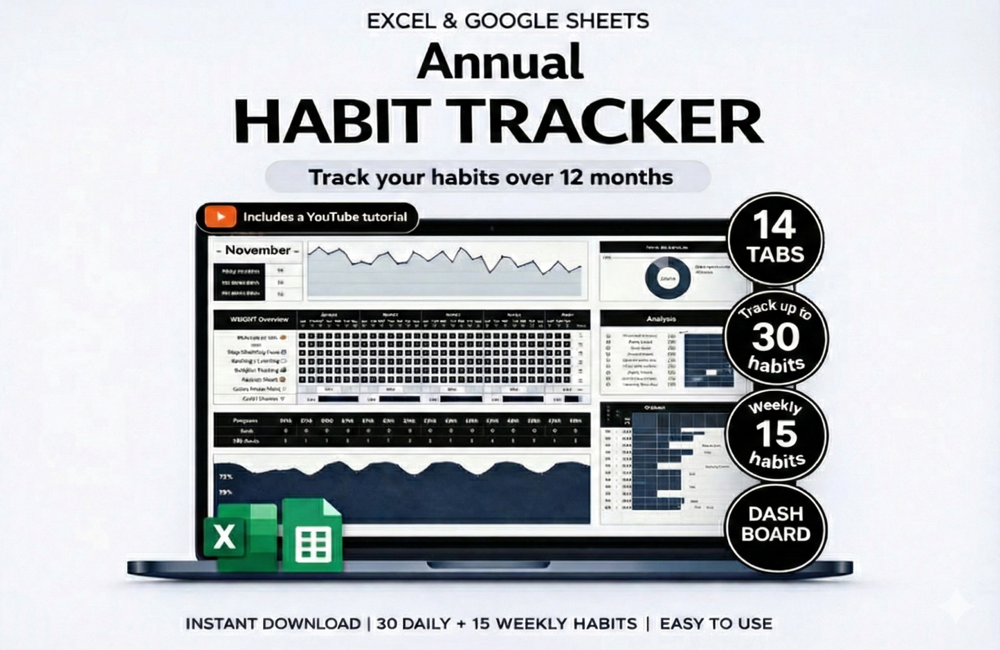 Habit Tracker for Excel & Google Sheets